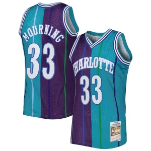 Attraente Resistente Alonzo Mourning Charlotte Hornets Hardwood Classics 1992/93 Split Swingman Jersey Teal/Purple  per i Fan Veri