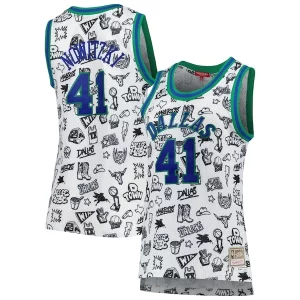 Accattivante Resistente Attraente Dirk Nowitzki Dallas Mavericks Women's 1998 Doodle Swingman Jersey White  per i Fan Veri