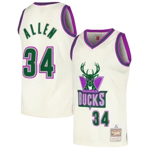 Elegante Ray Allen Milwaukee Bucks Chainstitch Swingman Jersey Cream  per i Fan Veri