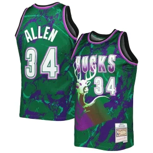 Delizioso Eccezionale Resistente Ray Allen Milwaukee Bucks 1996/97 Hardwood Classics Marble Swingman Jersey Green  per i Fan Veri