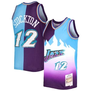 Lussuoso Trendy John Stockton Utah Jazz Hardwood Classics 1996/97 Split Swingman Jersey Purple/Turquoise  per i Fan Veri