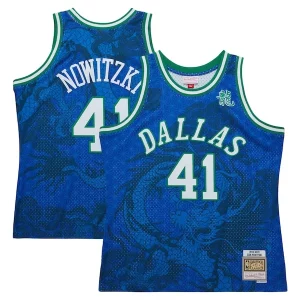 Meraviglioso Prestigioso Dirk Nowitzki Dallas Mavericks 1998 2019 Hardwood Classics Asian Heritage 6.0 Swingman Throwback Player Jersey Blue  per i Fan Veri