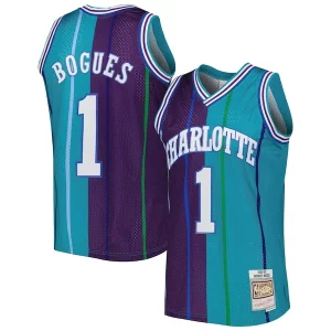 Trendy Accattivante Muggsy Bogues Charlotte Hornets Hardwood Classics 1992/93 Split Swingman Jersey Teal/Purple  per i Fan Veri