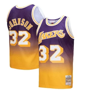 Splendido Incantevole Magic Johnson Los Angeles Lakers 1984/85 Hardwood Classics Fadeaway Swingman Player Jersey Gold/Purple  per i Fan Veri