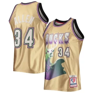 Gorgeous Lussuoso Eccezionale Ray Allen Milwaukee Bucks 75th Anniversary 1996/97 Hardwood Classics Swingman Jersey Gold  per i Fan Veri
